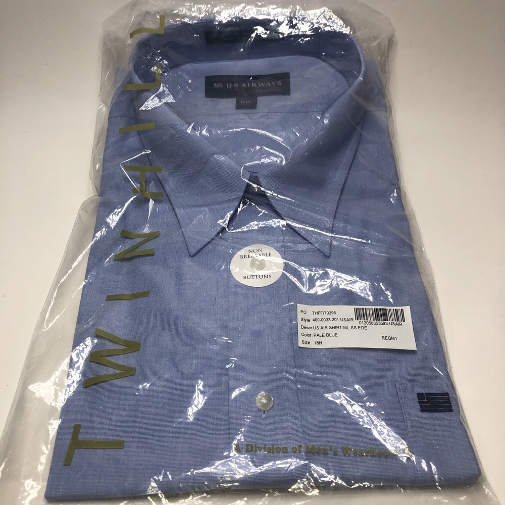 STAN HERMAN‎ U S AIRWAYS MEN'S PALE BLUE SHORT SLEEVE BUTTON UP UNIFORM SHIRT 18